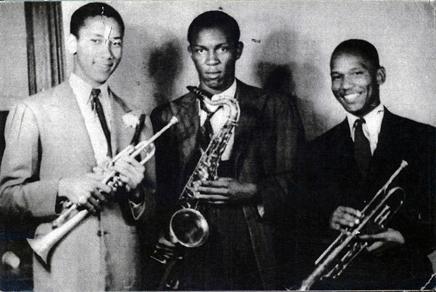 Alvin Patterson with Johnny Simmon's Orchestra. L-R: Hardy Ray Murphy, Pat Ted Haywood, and Alvin Patterson. Photo courtesy of Alvin Patterson. Texas Music Museum Archives.